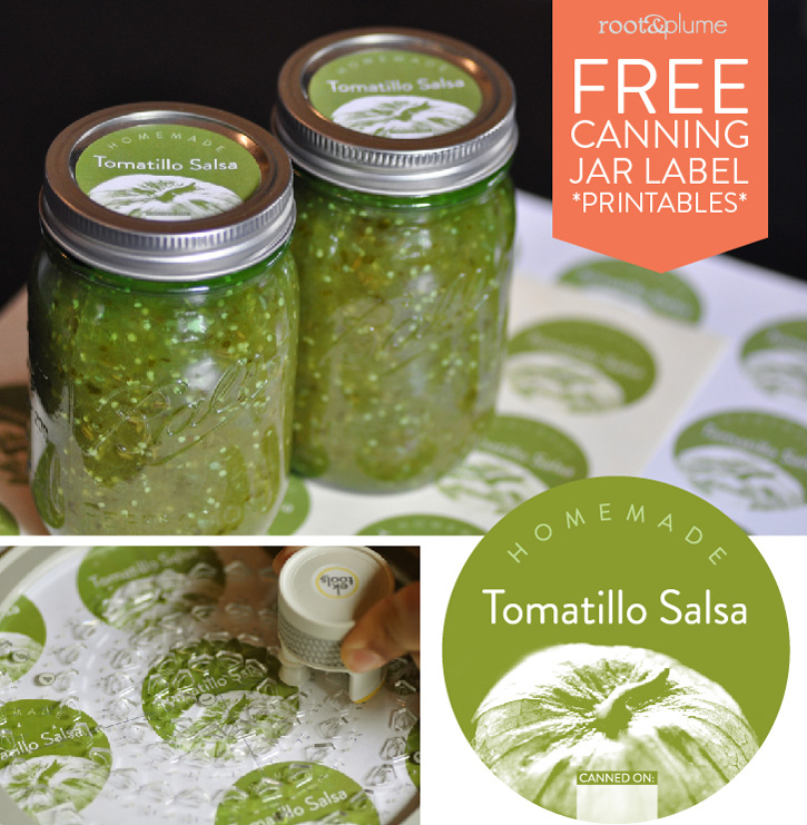 Photo of tomatillo salsa, custom labels linking to printables to download.