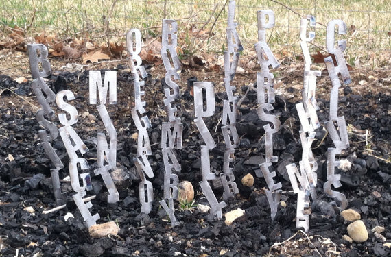 Recycled metal plant markers made into vertical words by SecondHandMetalArt on Etsy.